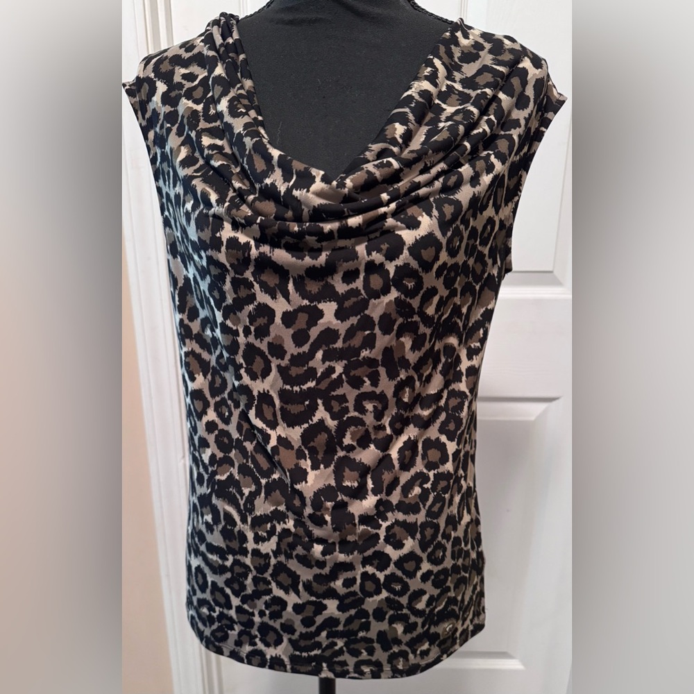 Michael Kors Animal Print Cowl Neck Blouse - Black and Tan